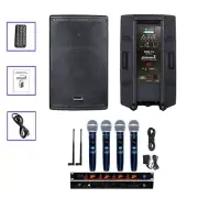 15" Active PA Powered Audio KTV Speaker W/ 4CH UHF Handheld Wireless Microphones