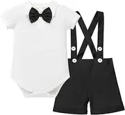[IBTOM CASTLE] Baby Boys Christening Outfit Tuxedo Gentleman Bowtie Romper + Suspenders Strap Adjustable Elastic Braces Shorts Pants Toddler Infant Formal Birthday Party Newborn 3PCS Baptism Clothing Sets for Kids