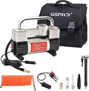 GSPSCN Silver Inflator Heavy Duty Double Cylinders with Portable Bag 12V Metal Compressor Pump 150PSI with Adapter to 150 PSI for Car, Truck, SUV Tires, Dinghy, Air Bed etc