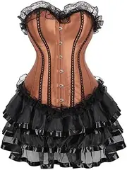 [FAWENLI] Fashion Corset Dresses For Women Burlesque Overbust Corset With Tutu Skirt Sexy Striped Satin Lace Up Corsets