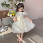 1-6歲兒童洋裝蕾絲黃色蕾絲短袖洋裝女童洋裝