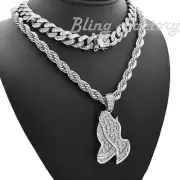 Silver Nugget Praying Hands & 8mm 24" Rope Chain & 18" Iced Cuban Chain Necklace