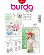 Burda Sewing Pattern 7409 9.5" & 11.5" Rabbit Bears Bunnies Stuffed Dolls One