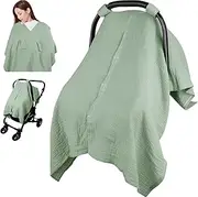 Jundetye Muslin Car Seat Cover Baby Girls Boys, Summer Cotton Baby Car Seat Cover for Carseat, Comfortable Nursing Cover, Soft Baby Blanket, Breathable Lightweight Infant Stroller Canopy, Green