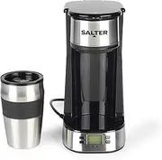 Salter Digital Coffee Maker – One Cup Filter Coffee Machine, Washable & Reusable Filter, Includes 420ml Stainless Steel Travel Mug, 3-4 Minutes Brewing, Suitable For Ground Coffee/Pads, Timer, 750W