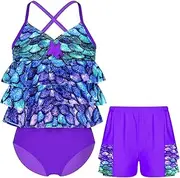 [Fldy] Kids 3Pcs Tankini Set Girls Mermaid Swimsuit Swimwear Fish Scales Print Bathing Suit Beachwear