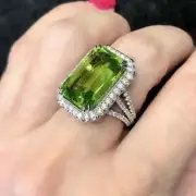 Pretty 4Ct Emerald Cut Green Peridot Halo Engagement Ring 14K White Gold Finish