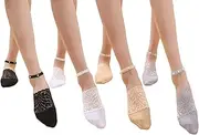 [ANIDL] 4 Pairs Pearl Lace No Show Socks Pearl Lace Mesh Thin Silk Ankle Sock Casual Low Cut Socks for Women