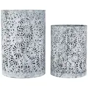 Northlight Laser-Cut Floral Iron Pillar Candle Holders - Gray and White - Set