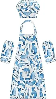 AIXIWAWA Kids Apron Chef Hat Set, Child Kitchen Bib Aprons Adjustable for Cooking Baking Painting (Sky Blue Cats)