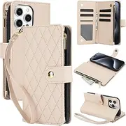 YocoverTech for iPhone 13 Pro Max Case,for iPhone 13 Pro Max Flip Case,6 Card Holders +1 Cash Slot Wallet Cover Magnetic Folio Closure Purse with Wristlet Crossbody Lanyard-Beige