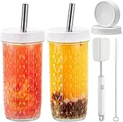Boba Cup, Reusable Bubble Tea Cup,Glass Cups Set, 2 PCS Mason Jar Cups with Lids and Straws& 4 Airtight Lids, 24 Oz Diamond Texture Wide Mouth Iced Coffee Glass Tumblers, Reusable Smoothie Cups