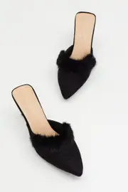 Black Feather Trim Pointed Mules
