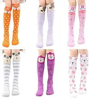 [BABAHU] Girls Knee High Long Socks for Child 6 Pairs Fun Animal Pattern Tall Crazy Cute Girls Gift Boot Funny Kids Socks, One Size