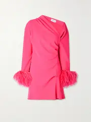 [16ARLINGTON] 16ARLINGTON - Adelaide One-shoulder Feather-trimmed Crepe Mini Dress - Pink - UK 6 UK 6 Pink