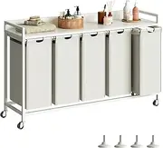Herture Laundry Hamper with Shelf, Laundry Basket 5 Section, Laundry Sorter with Pull-Out Removable Large Bags and Movable Wheels, Metal Frame, 5 x 15.87 Gallons (60L), White PF08XLW