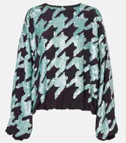 [Dries Van Noten] Dries Van Noten Sequined houndstooth silk sweatshirt AU 14 blue
