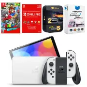 Nintendo Switch White OLED + Super Mario Odyssey + NSO 1 Year Family Membership