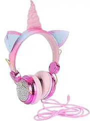 CAXUSD Adorable Children's Headphones Unicorn Horn Cat Ears Wired Headset for Pc Mobile Devices
