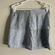 American Eagle M Blue/White Patchwork Linen/Cotton Blend Lined Mini Skirt NWT