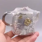 Pure Solid S999 Fine Silver Teapot Butterfly Flower Square Tea Pot 4.5inch