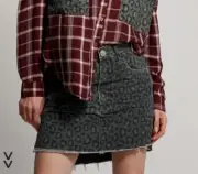 New One Teaspoon Leopard Vanguard Denim Skirt Womens 26 Mini Night Crawler