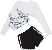 [Verdusa] Girl's 3 Piece Tie Dye Swimwear Bathing Suit Swimsuits Bikini and Shorts with Cover Up, Black and White, 9 Years