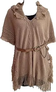 [Zylphorix] Women Bat Short Sleeve Knitted Cloak Hooded Collar Knit Cape with Fringed Hem Fall Classy Cozy Elegant Outerwear