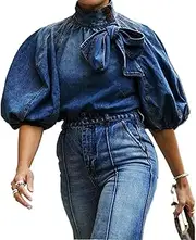[Generic] Women's Bow Design Denim Pullover Top Button Up High Neck Fashionable Jacket with Elastic and Puffs, Vintage Casual(Dark Blue,Small)
