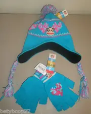 Paul Frank Julius Monkey Pink Turquoise Pom Hat Gloves Winter Set Girls Sz 4-16