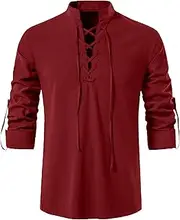 [YAOHUOLE] Linen Shirt Men Cotton Classic Lace Up Long Sleeve Casual Shirt Scottish Ghillie Shirt