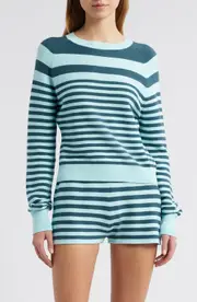 Solid & Striped The Manny Stripe Cotton Sweater in Evergreen /Sky Stripe at Nordstrom, Size Large Evergreen/Sky Stripe