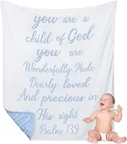 Rtteri Christian Gift Baby Plush Blanket with Dotted Backing First Communion Baptism Scripture Swaddle Bible Verse Newborn Boy Girl Christening Godchild Gift (Blue and White, 30 x 40 inches)