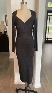 TED BAKER Black Silver Metallic Tabytha Stretch Knit Cross Over Slit Dress 2TB 6