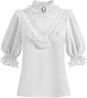 [CR ROLECOS] Women Victorian Blouse High Collar Lace Ruffled Shirt Tops