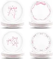 Pink Bow Birthday Party Supplies, 48Pcs Coquette Birthday Decorations Pink Bow Paper Plates, Coquette Theme Tableware Party Supplies for Girl Birthday Baby Shower Bachelorette Bridal