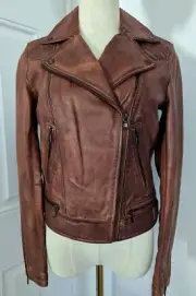 Sundance Brida Cognac Smooth Leather Moto Style Jacket Size XS Retailed $428 NWT