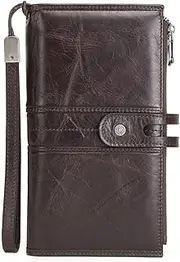 [CONTACTS] CONTACT'S- Womens RFID Blocking Large Capacity Genuine Leather Clutch Wallet Multi tri-fold with Zipper (Coffee)