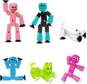 Zing Stikbot Family Pack, Set of 6 Stikbot Collectable Action Figures, Includes 2 Stikbots, 2 Junior Stikbots, 1 Bulldog, and 1 Cat, Stop Motion Animation - in Eco-Friendly Packaging