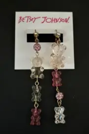 Betsey Johnson GUMMY BEAR EARRINGS Candy Mismatch Drop w/ Crystal Pink Fireball