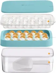 Ice Ball maker Tray with Lid and Bin Reusable Flexable Plastic & BPA Free (Blue)