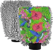 Colorful Birds Lush Green Pink Floral Wash Mitts Car Washing Soft Scratch Free Cleaning Car Detailing Kit Mitts Microfiber Chenille Absorbent, Medium x 2 Pack