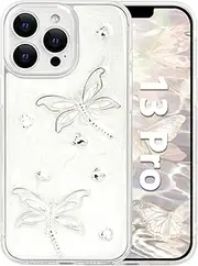 for iPhone 13 Pro 6.1" Case Cute Dragonfly Heart Diamond, Luxury 3D Bling Shine Aesthetic Girly Personalized Design, for Women Girls Transparent Pearl Adhesive TPU Phone Cover