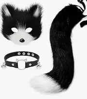 Faux Fur Fox Tail Cat Wolf Cosplay Costume Set Plush Mask Fluffy Paw Gloves Halloween Christmas Party for Girls (Black and white collar three piece set)