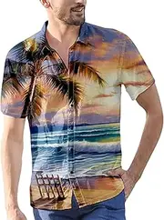 [Generic] Short Turtleneck Shirt Hawaii Top Colorful Floral Print Fashion Lapel Top Shirt Vacation Outdoor Short Sleeve Shirt Polyester Long Sleeve Men