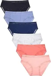 [247 Frenzy] Women's Essentials PACK OF 6 Assorted Blended Fabric Solid or Lace Bikini Panties Missy & Plus