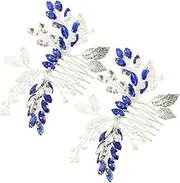 WRITWAA 2 pcs Blue Rhinestone Bridal Hair Comb with Leaf and Pearl Decoration Elegant Side Combs for Weddings Parties and Special Occasions Fashionable Hair Accessories for Women