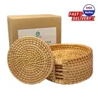 Handmade Rattan Drink Coasters, Woven Wicker Straw Trivet, Set of 6 with Holder