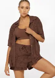 [Lorna Jane] Dusty Palm Towelling Shirt in Brown, Size - Large L Chocolate