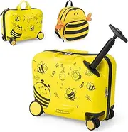 [Baby Joy] 2 PCS Kids Luggage Set, 18" Hard Shell Suitcase & 12" Travel Backpack w/Spinner Wheels, 3-Level Telescoping Handle, Anti-Lost Rope, Bee Themed Carry-On Trolley Case Set for Boys Girls (Bee)